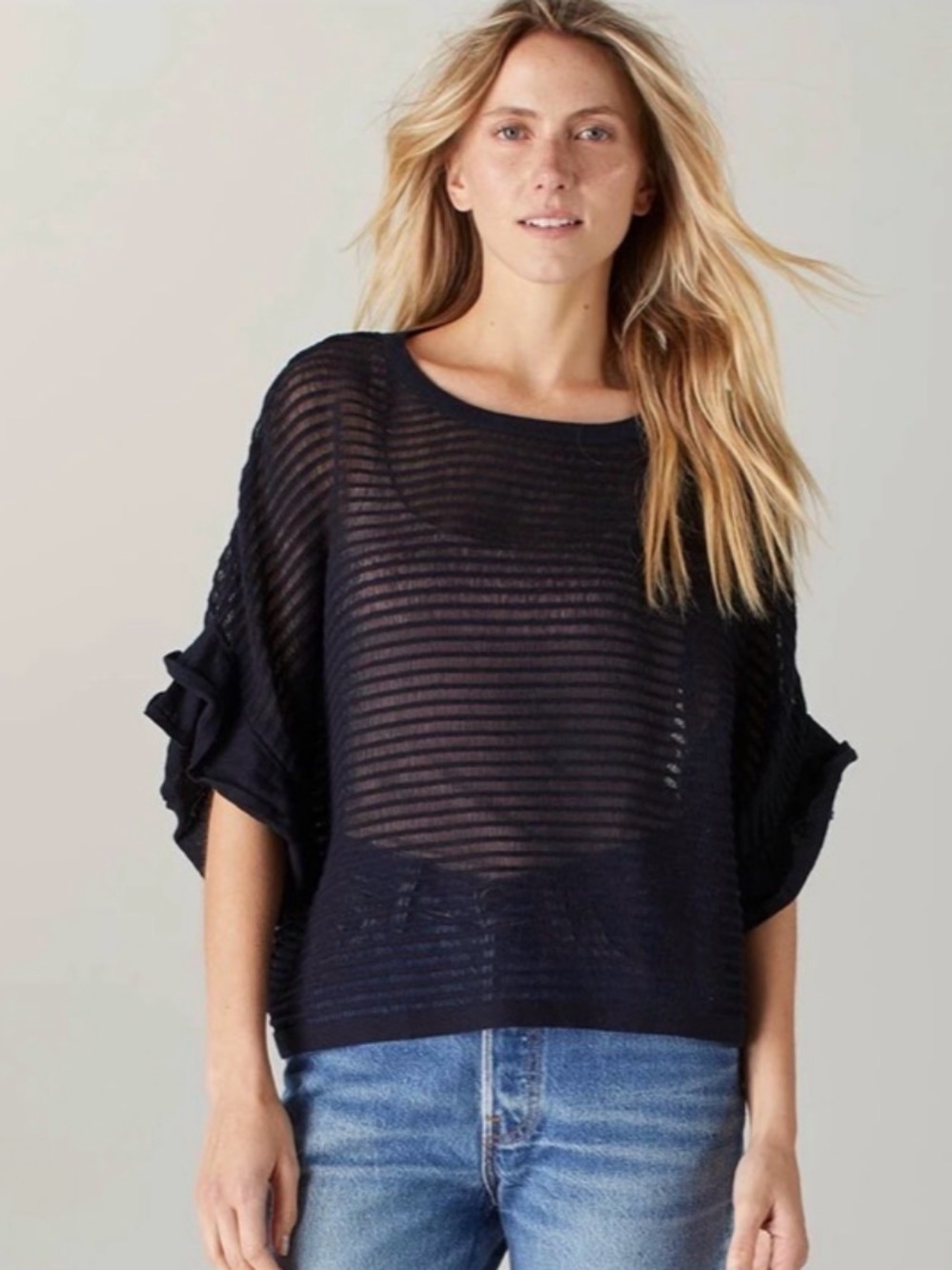 Naadam Lightweight‎ Navy Aelia Cotton Lupe Stitch Tee with Ruffles #120